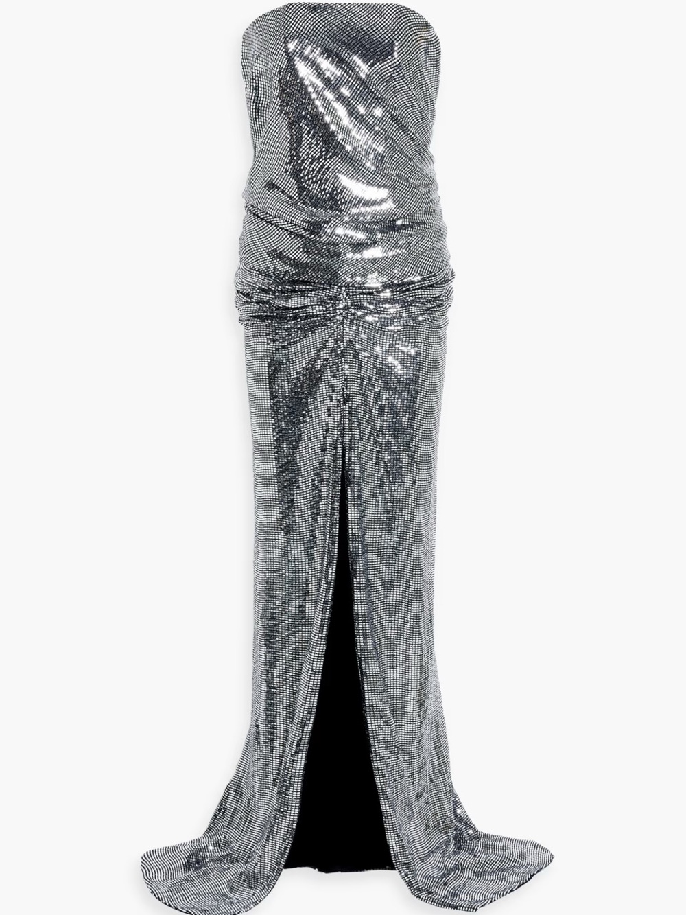 Rhea Costa Silver Sequin Strapless Gown